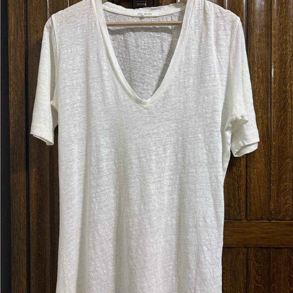 Emerson Fry White Linen Slub V-Neck T-Shirt